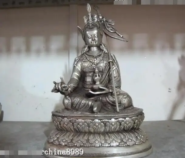 

Tibet Buddhist White Copper Silver Lotus Padmasambhava Master Buddha Statue