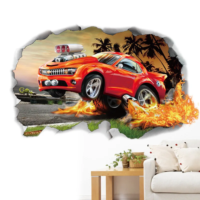 

Creative 3D Fire Sport Runing Car Wall Stickers Basketball Broken Wall Art Decal Car Wall Poster Kids Room Decoration Boys Favor