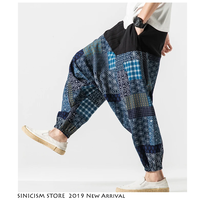 

Sinicism Store Men Chinese Style Pants Summer 2019 Streewear Cotton Linen Male Wide Leg Pants Mens Print Ankle-Length Pants