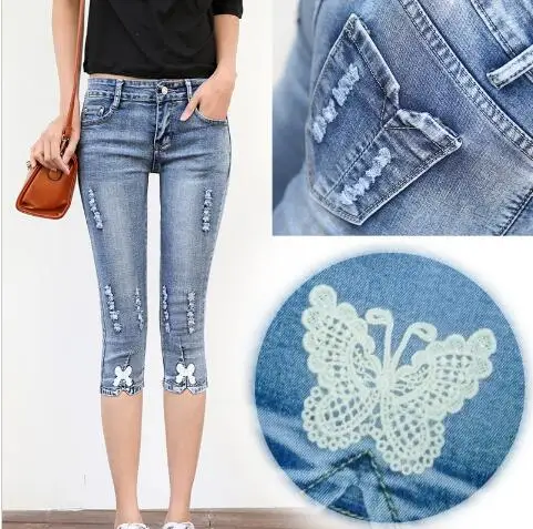 

2017 new 26-32 Summer Plus Size Jeans Woman Drawstring Elastic Slim Seven Points Pants Female bowknot jeans free shipping