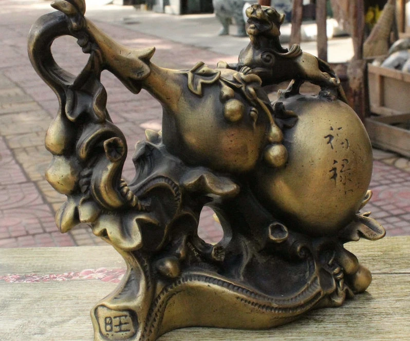 

7 Chinese Fengshui Pure Bronze Auspicious Beast Pixiu Ruyi Cucurbit Gourd Statue