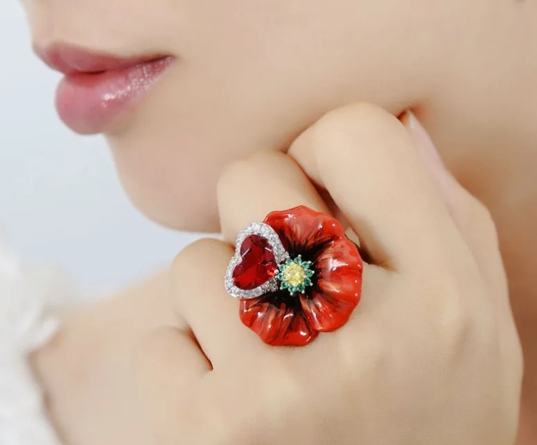 Очаровательное женское кольцо с красным сердцем и цветами, милое роскошное серебряное кольцо 925 пробы, обручальное кольцо для женщин