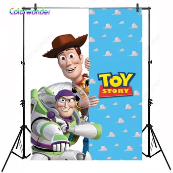 

Photography Background Cowboy Andy with Buzz Lightyear 5x7ft Blue Wall with Clouds White Backdrops for Kids Birthday Party Prop