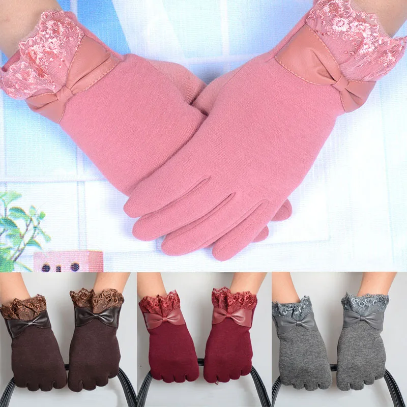 

Fashion Women Girl Bowknot Lace Mitten Winter Warm Gloves Solid Color Fashion Lace Winter Warm Touch Screen Gloves for Women