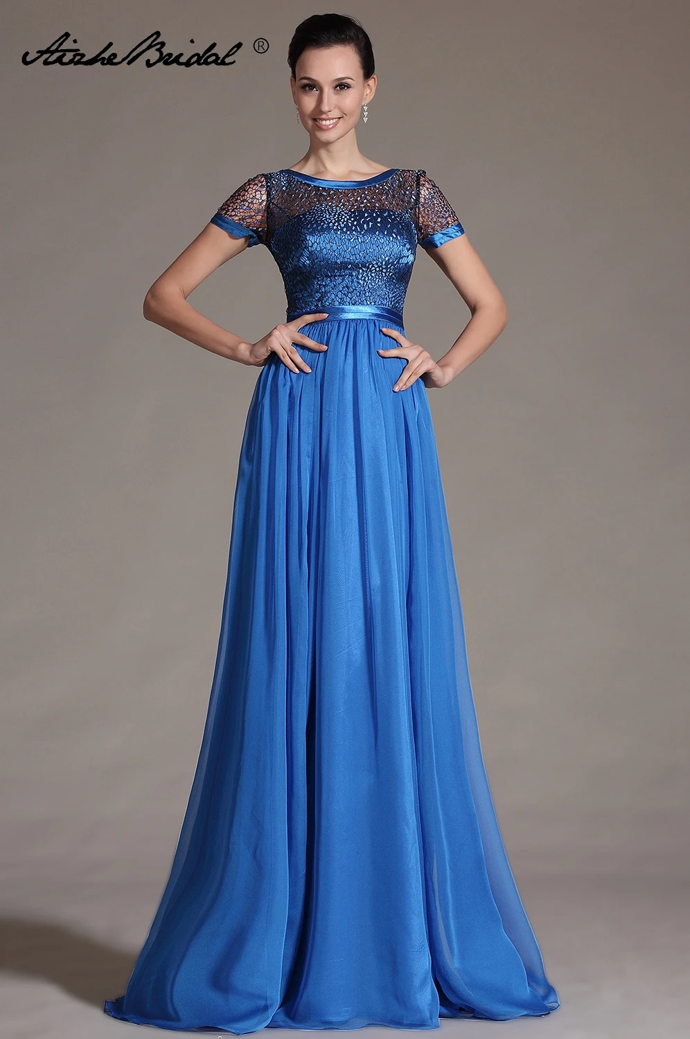 

Elegant Blue O Neck Mother of the Bride Dresses Chiffon Short Sleeves Floor Length Wedding Guest Gown Custom Made