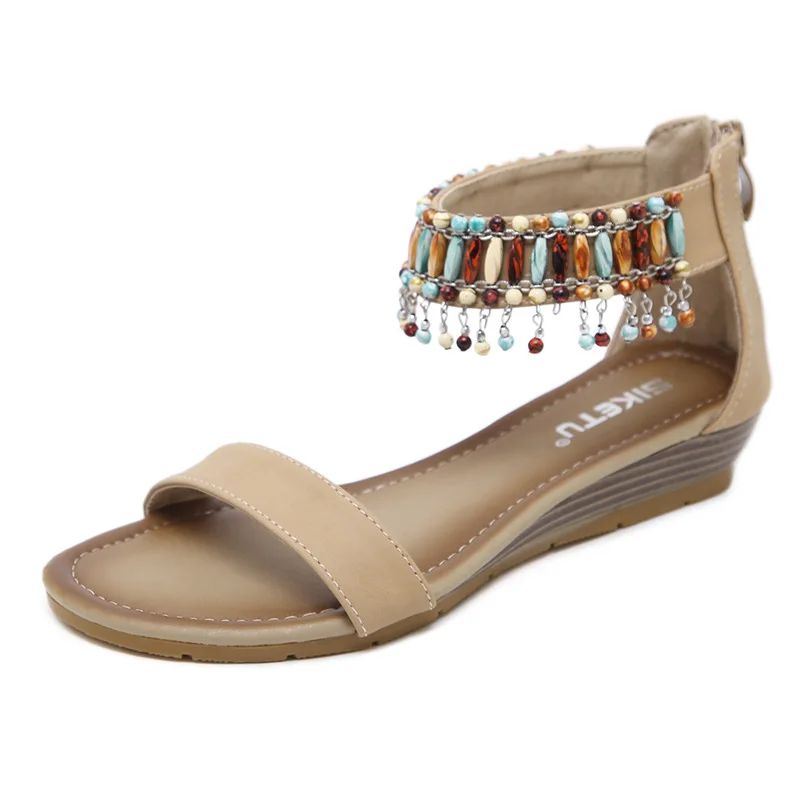 

Summer New Ladies Roman Sandal Elegent Colorful Hanging Beading Decoration Small Wedged Beach Casual Shoes Girls Vintage Sandals