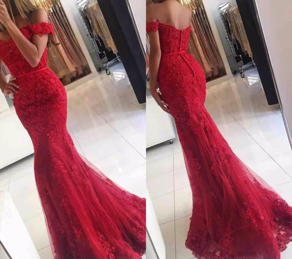 

2019 Sexy New Red Lace Mermaid South African Prom Dress Appliques Off Shoulder Long Formal Evening Party Gown Plus Size Custom