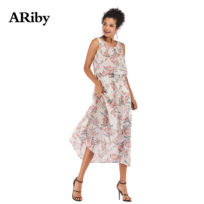 Summer Dress Women Round Collar Maxi Dresses 2019 New Fashion Casual Ladies Printed Mid-long Slim Chiffon Sleeveless Loose Dress