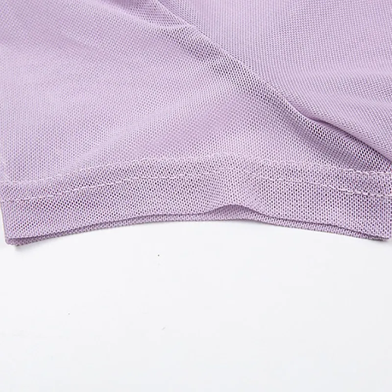 RAISEVERN Женская пикантная, прозрачная сетка фиолетового цвета с коротким рукавом узкие трико на высоком каблуке; Модные прозрачные письмо печать с овальным вырезом для шеи облегающее боди