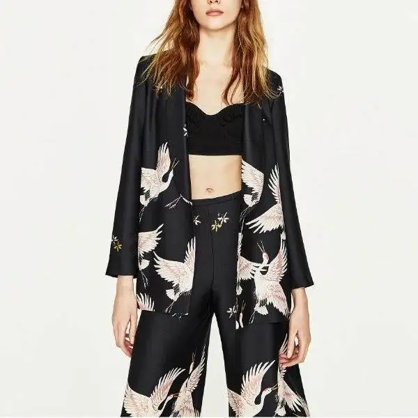 

Women 2019 Autumn New Crane Printing Wedding Photo Kimono Denim Jacket Casaco Feminino Vadim