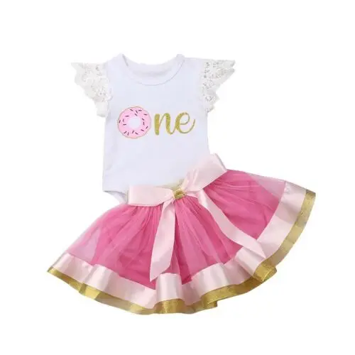 

Emmababy Toddler Girl Clothes Newborn Infant Baby Girl Donut flying sleeve Little Princess Top Romper Tutu Skirt Outfit Clothes