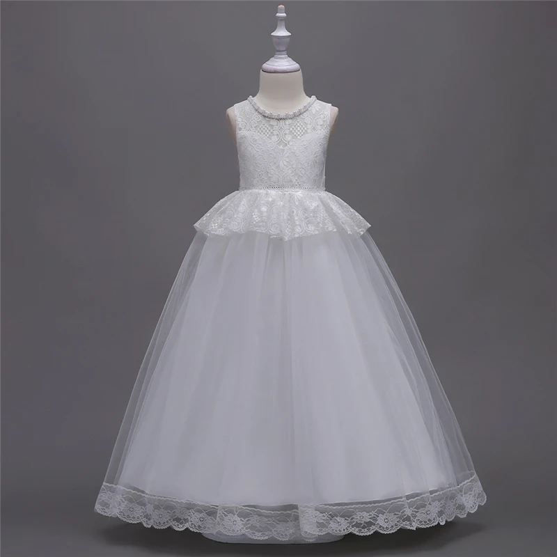 

Teenage White Lace Dress Girls Party and Wedding Dresses Summer 2018 Kids Princess Pearl Long White Dress Children New Clothing