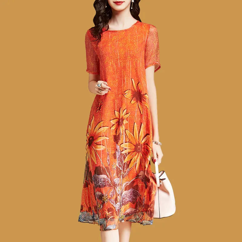 

Elegant Floral Dress For Woman Loose Short Sleeve Vestido Mujer 2018 Casual Mid-Calf Faux Silk Dresses Plus Size Orange Sundress