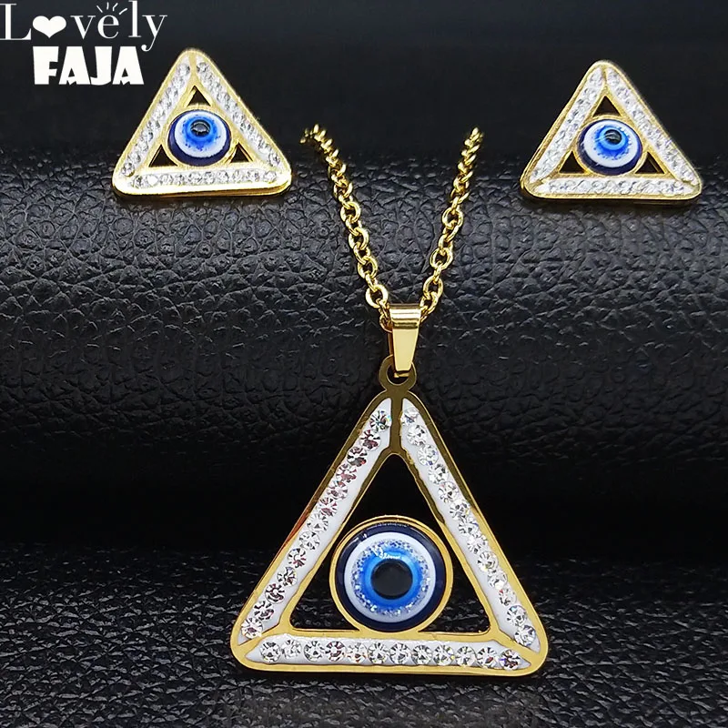 

2018 Geometric Stainless Steel Crystal Earrings Necklace Sets Women Gold Color Islam Blue Eyes Jewelry juego de collar y aretes