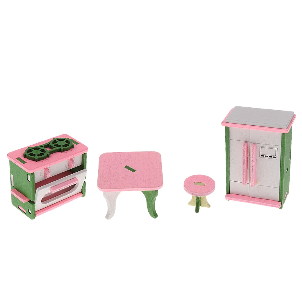 4 Sets Wooden Doll House Miniature Kitchen Bathroom Baby Room Furniture Toys Includes refrigerator, round stool and square table
