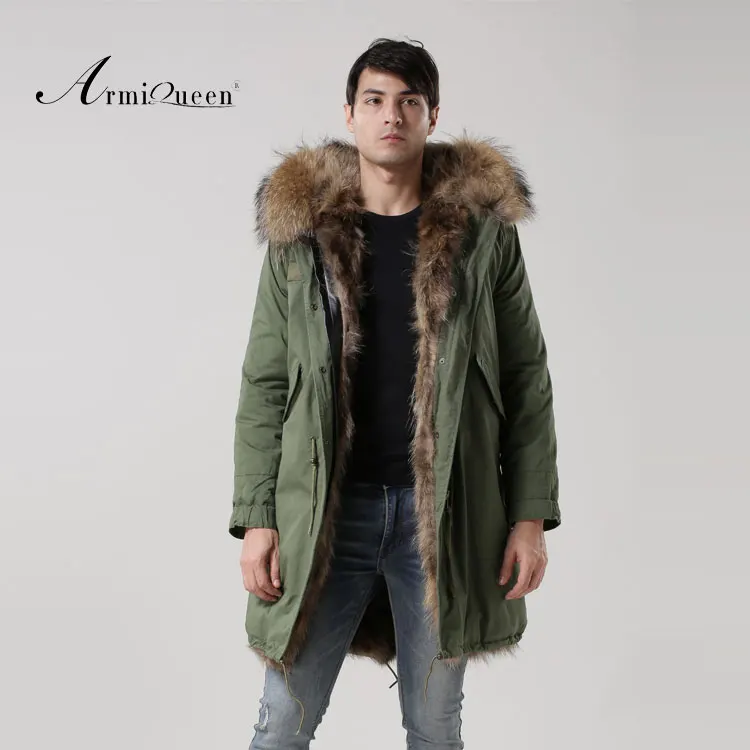 Мужское толстое теплое зимнее ветрозащитное пальто из натурального Лисьего меха, зеленое пальто с воротником из меха енота