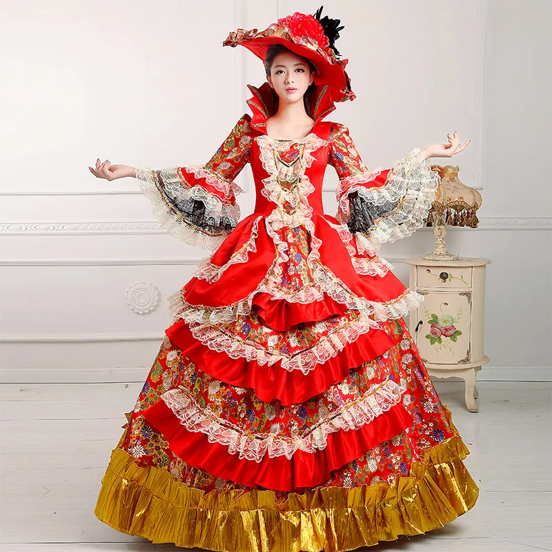 

Customized 2018 Red Rococo Princess Dress Long Flare Sleeve European Court masquerade Party Ball Gowns for Women Drop Shipping