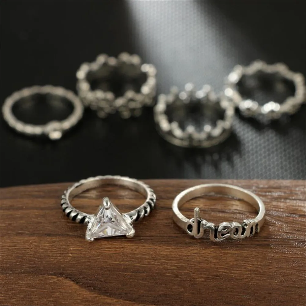 New Retro Creative Letter Joint Ring Alloy Ancient Silver Plum Blossom 6 Piece Set Unisex Fashion Rings | Украшения и аксессуары