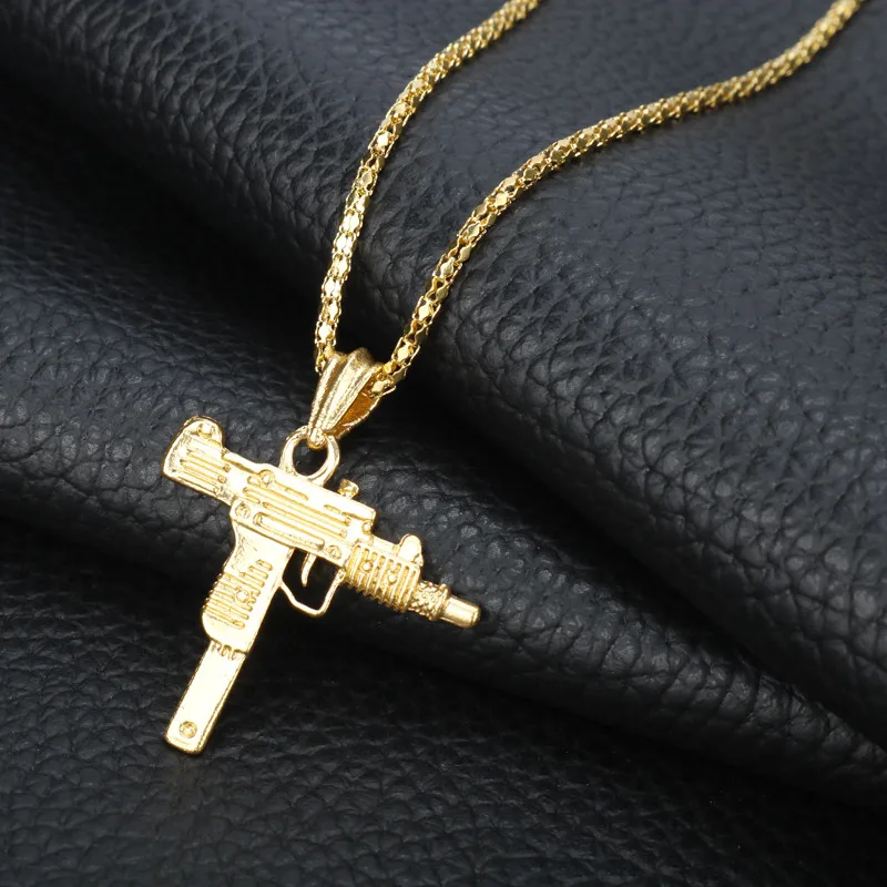 Хип хоп ювелирные изделия UZI пистолет ожерелье мужчины женщины длинная цепь Подвески Ожерелья талисманы колье - Metal Color: gold