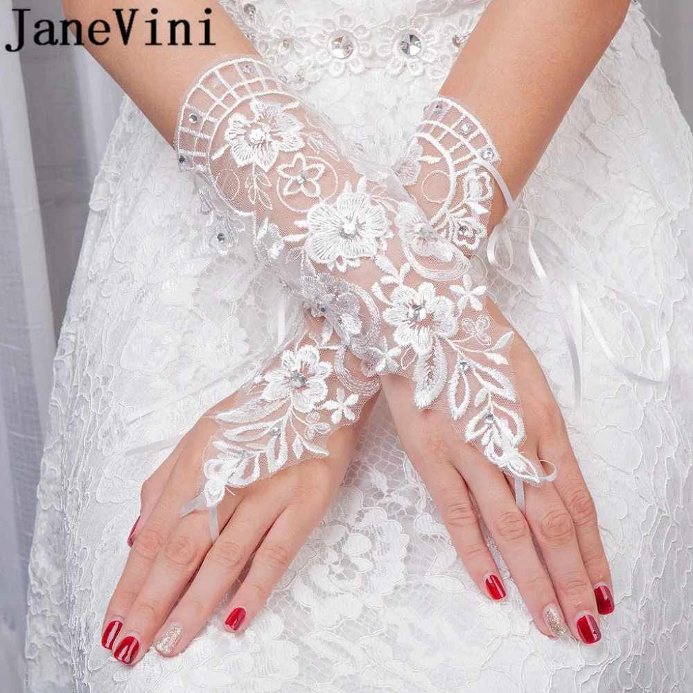 

JaneVini 2018 White Wedding Gloves Beaded Fingerless Lace Crystal Bridal Gloves For Bride Ring Lace-Up Glove Wedding Accessories