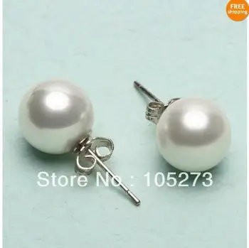 

Wholesale Pearl Jewelry Natural 10mm Round White South Sea Shell Pearl 925 Sterling Silver Stud Earrings New Free Shipping
