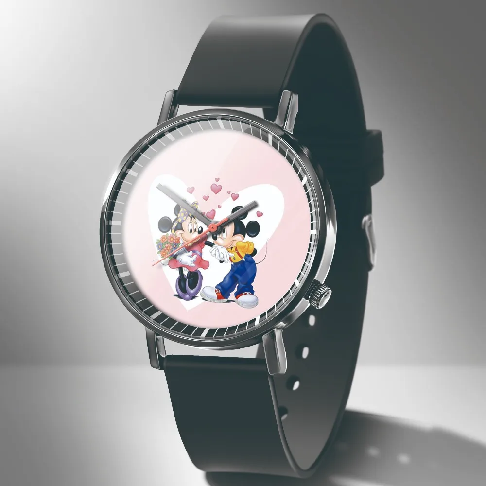 Новые женские кварцевые круглые часы с Микки Маусом, милые часы для девочек и мальчиков, лучший подарок, женские часы с кожаным ремешком, горячая распродажа