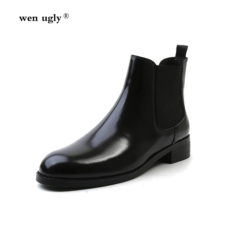 

wen ugly Leather Chelsea boots ladies winter boots 2018 autumn new short boots round head and ankle boots large size 35-42