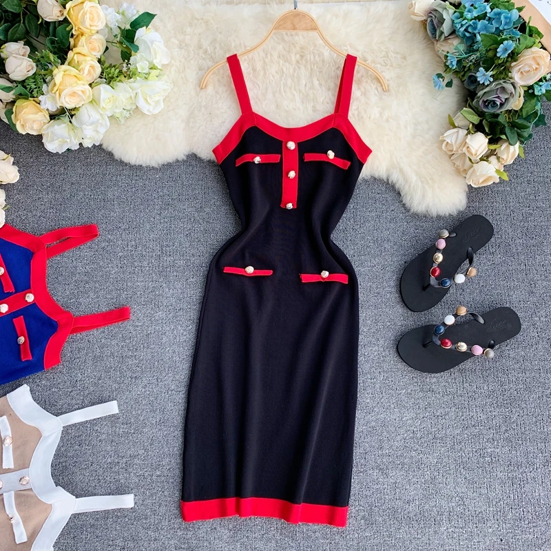 

TAOVK Women Spaghetti Strap Dresses Sexy V-Neck Long Buttons Design Knitted Dress Female Sleeveless Bodycon Tank Dresses