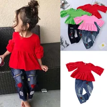 Детская Костюмы комплект наряд для маленькой девочки воланами футболка с длинным рукавом Топы+ Цветочная вышитые джинсовые брюки для девочек, наряд на осень комплект C50