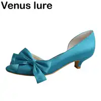 Venus lure Customized Color Low Heel Wedding Shoes for Bride Aqua Blue Satin with Bows