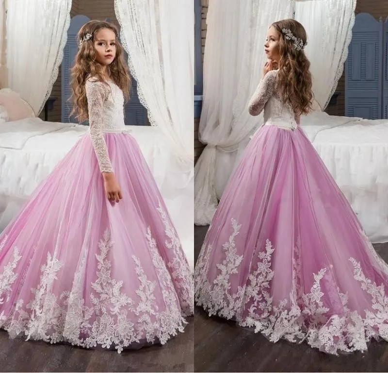 Lovely Lace Flower Girls Dresses For Weddings Pink Long Sleeves A Line Pageant for Kids Prom Gowns | Свадьбы и торжества