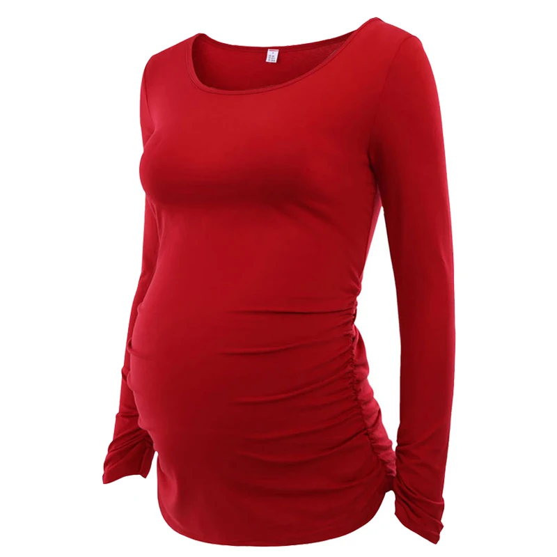 

Long Sleeve Women's Maternity Tunic Tops Mama Clothes Flattering Side Ruching Scoop Neck Top Red Color Pregnancy T-shirt 2018