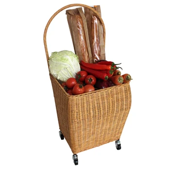 

high quality Natural plant rattan Trolley shopping cart Basket durable Trolley with aluminum universal wheel