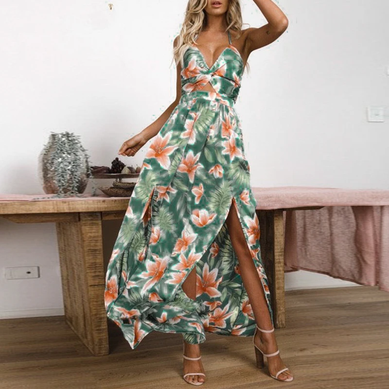 

Melegant Floral Print Maxi Dress 2019 Backless Party Long Dress Women Sexy Split Spaghetti Strap Summer Boho Dress Vestidos