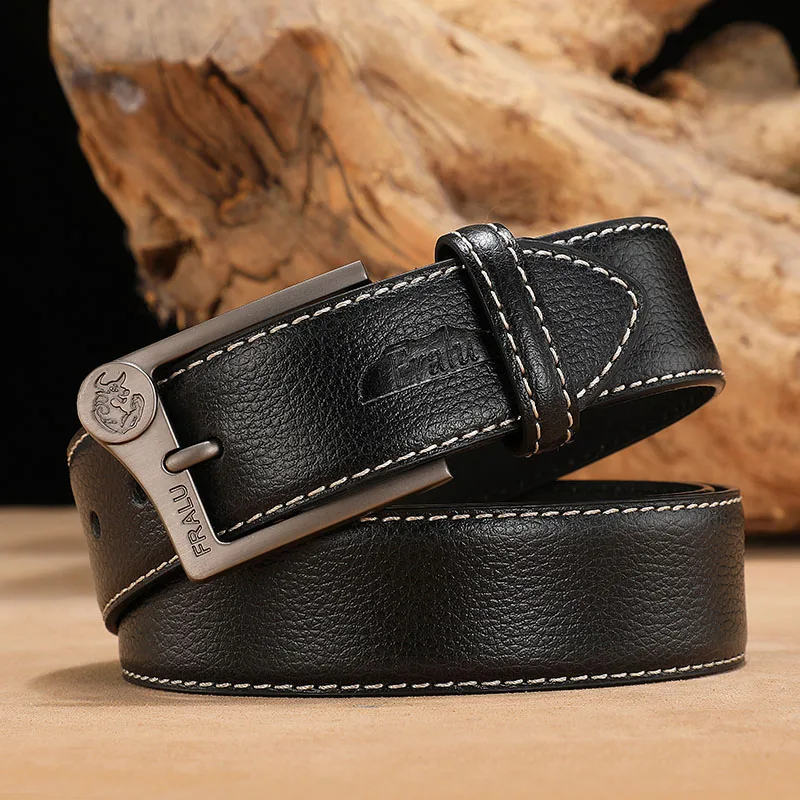 FRALU Men belt High Quality cow genuine leather luxury strap male belts for men new fashion classice vintage pin buckle - Цвет: Черный