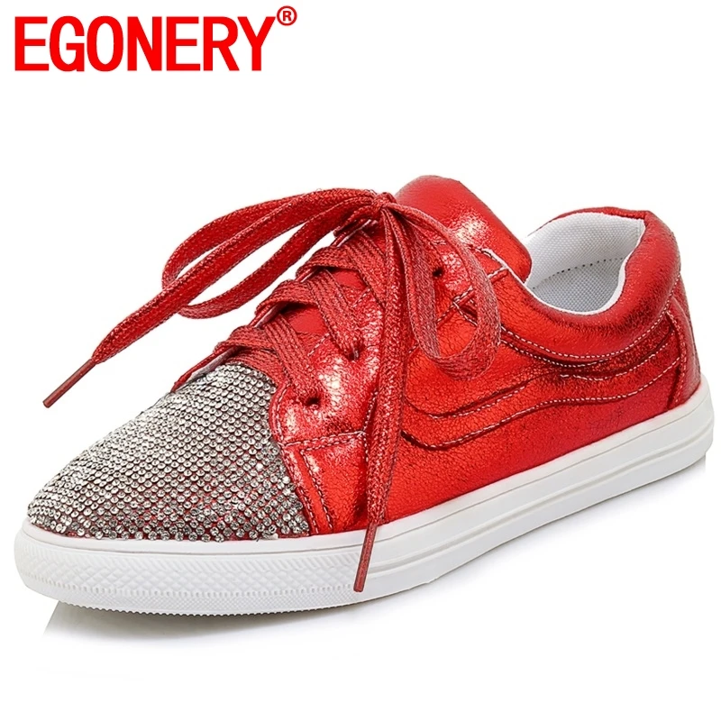 

EGONERY women flats laced up shoes 2019 spring new style brand low heel shoes round toe wdges women silver red flat heel shoes