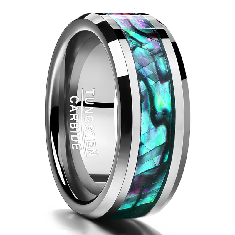 

Nuncad Fine jewelry 8MM inlaid abalone shell beveled steel tungsten carbide ring Wedding Jewelry US size 7-12 Valentine gift