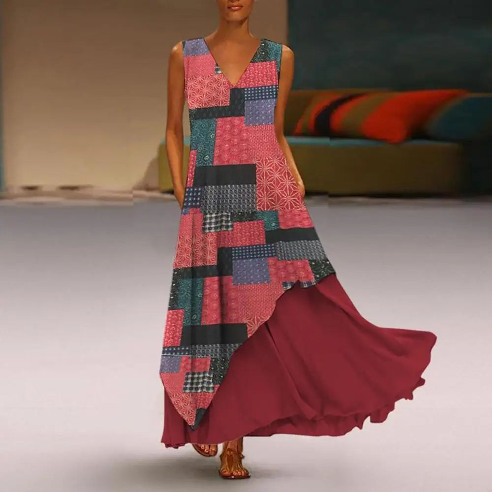 

2019 Bohemian Women Long dress Vintage V Neck Splicing Floral Printed Sleeveless Maxi Dress Plus Size