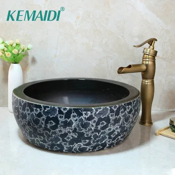 Buy KEMAIDI Wash Basin Faucet Set Tranditional Design Bathroom Ceramic Round Sink Antique Brass Deck Mounted Tap Mixer Faucet