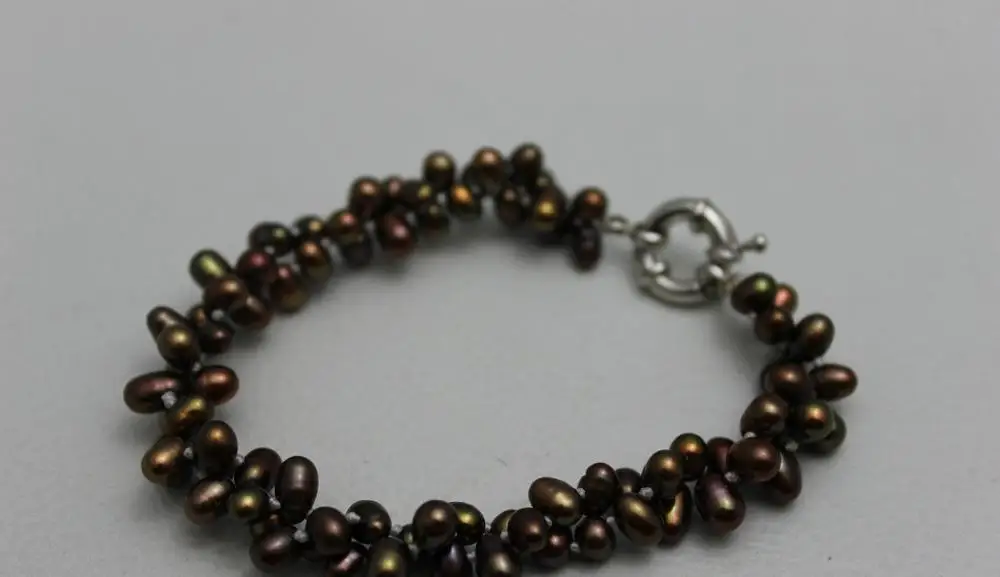 

2strands twist brown rice 4x7mm freshwater pearl bracelet"Handmade"Alloy 9INCH