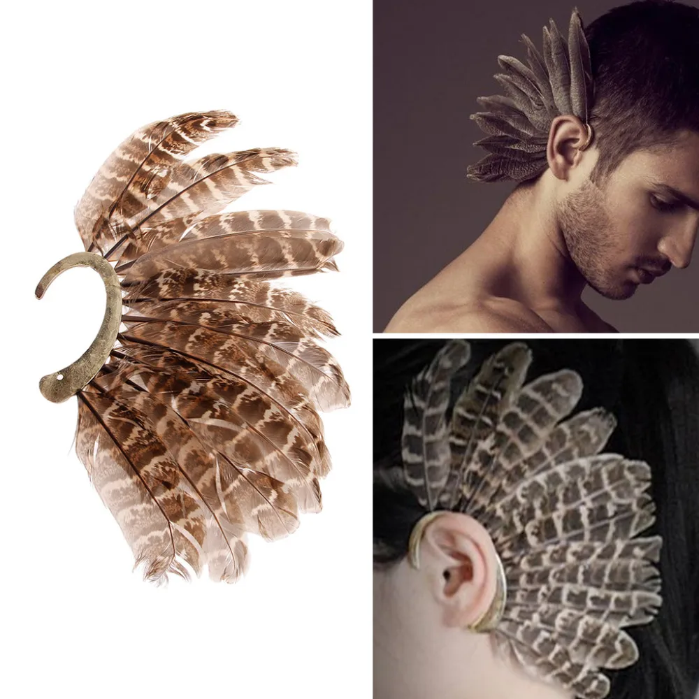 1 Pc Unisex Big Gray Natural Feather Earring Cuff Non Piercing Ear Clip One Side Clip Earrings
