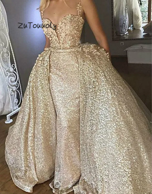 

Glitter Gold Sequins Prom Dress With Detachable Train Plus Size Mermaid Spaghetti Straps Lace Long Formal Evening Gowns Graduate