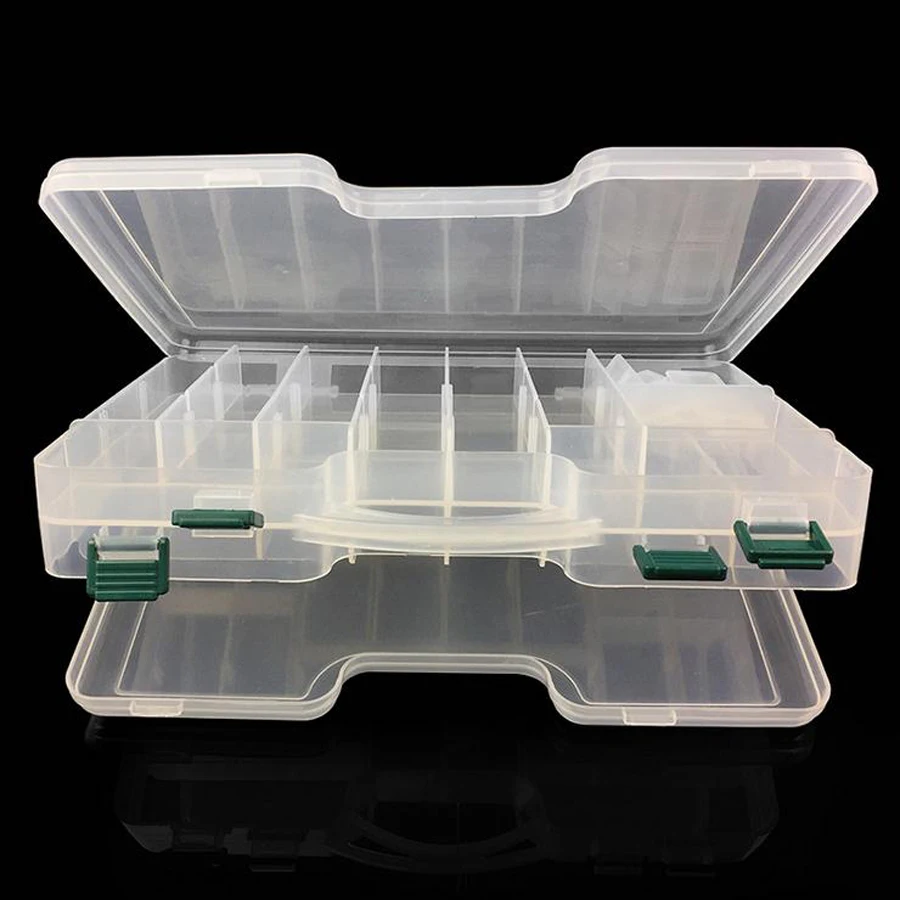 29.5*19*6cm Big Clear Plastic Fishing Tackle Boxes Double Sided 14 Slots Case Bait Tool Universal Fishing Lure Box Accessories