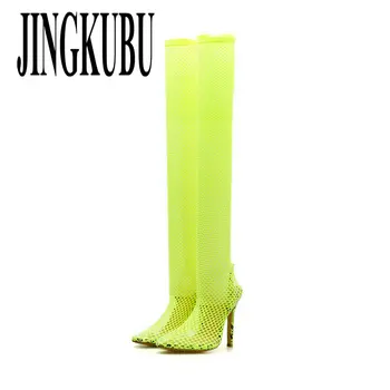

JINGKUBU 2019 New Summer Autumn Sexy Over The Knee Women Boots Pointed Toe High Heels Sock Boots Sandals Party Shoes Green