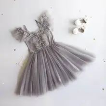 Летнее серое платье для девочек, стразы, блестки, газовое праздничное платье принцессы с открытыми плечами одежда для детей от 2 до 6 лет, E8605