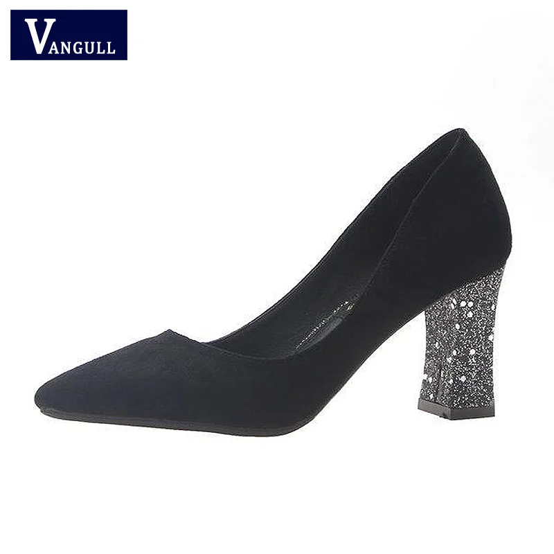 

Vangull New Bling Thick High Heels Shoes Women Pumps Pointed Toe Work Shoes Slip on High Heels Spring Footwear Shiny Party Shoes