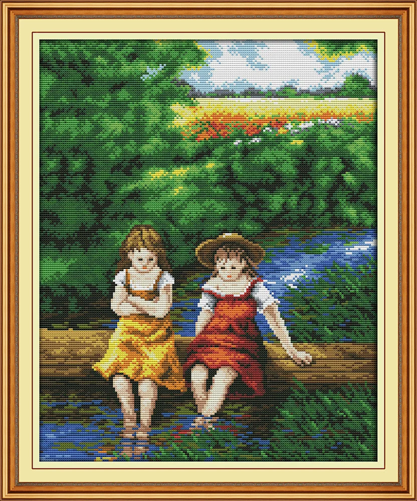 

Joy Sunday Childhood friends rest on rever DMC Counted Chinese Cross Stitch Kits printed Cross-stitch set Embroidery Needlework