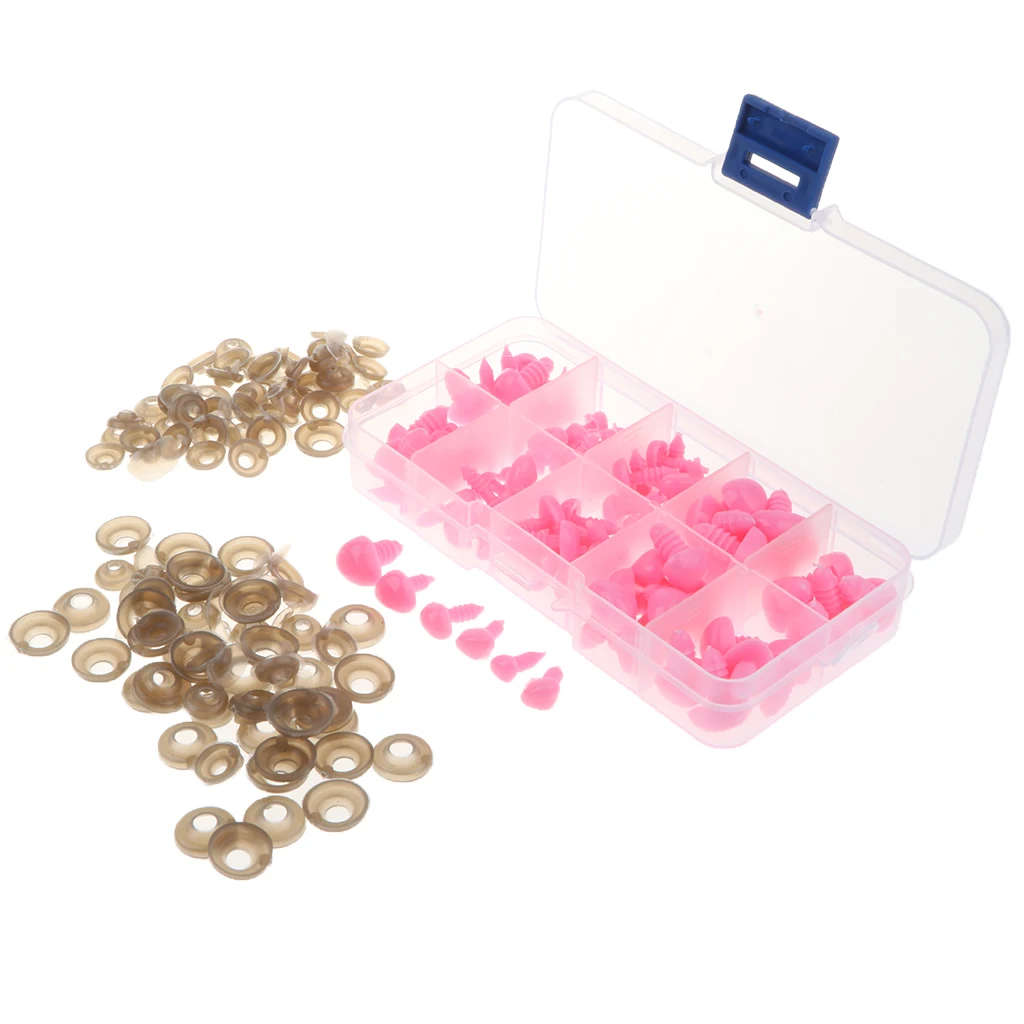 Box of 100 Pieces 7-13mm Plastic Safety Eyes Noses with Washers for Puppet Bear Doll Animal Stuffed Toys DIY Sewing Craft Pink