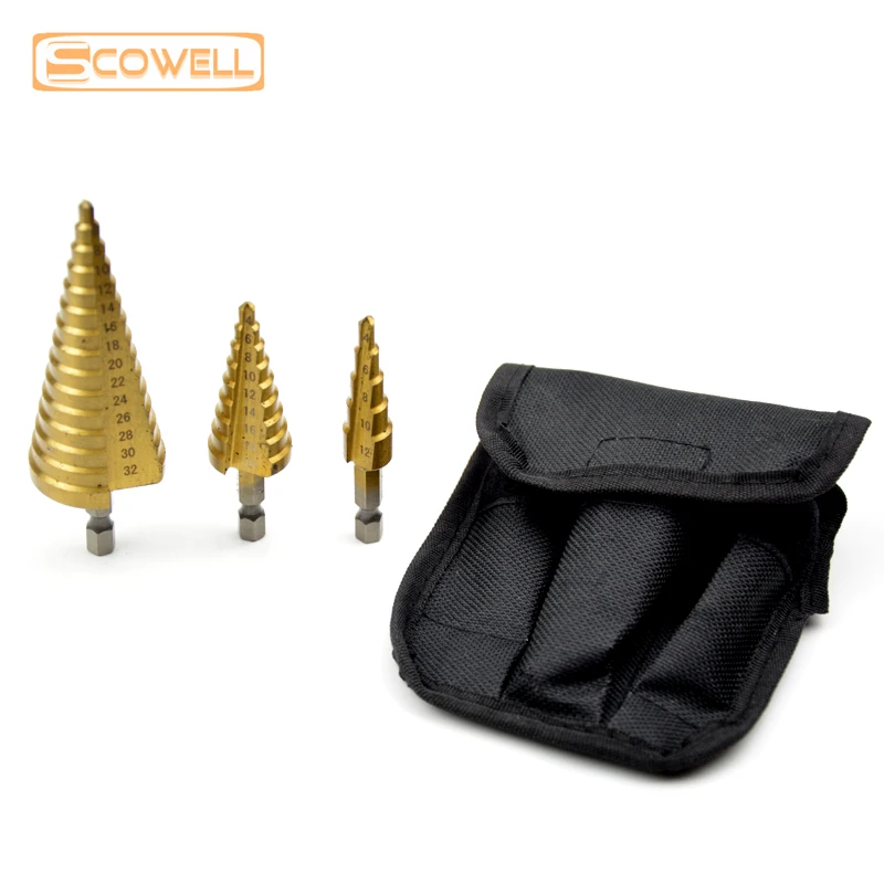 

4/8/14 steps drill bits,Hot Sale HSS 4341# 3pcs Titanium Coated spiral groov drill bit set for wood working Metric drill bit