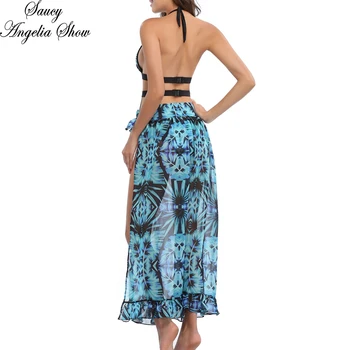 

SAUCY ANGELIA Women Swimwear Black Lace Patchwork Swimsuit Beach Cover Up Print Bathing Suits Bottom Dress Bikini Beach Wear XL